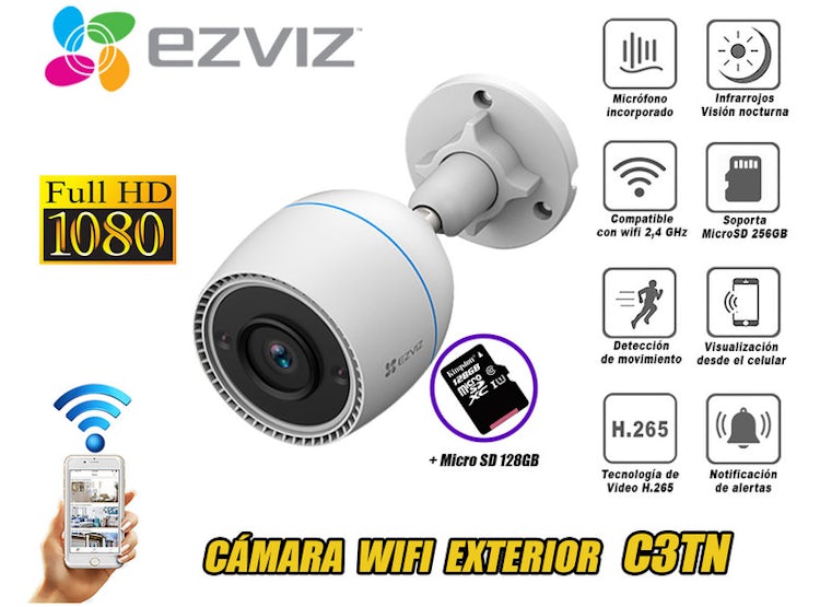 CÁMARA SEGURIDAD WIFI INALÁMBRICA EZVIZ EXTERIOR C3TN FULL HD SD 128GB